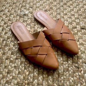 Tan leather woven Madewell slides